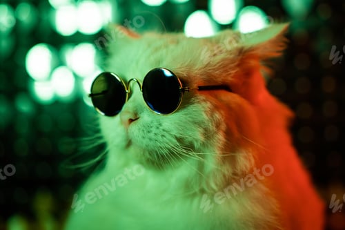Preview: Portrait of disco furry cat in fashion eyeglasses on studio neon shining wall. Luxurious domestic ki