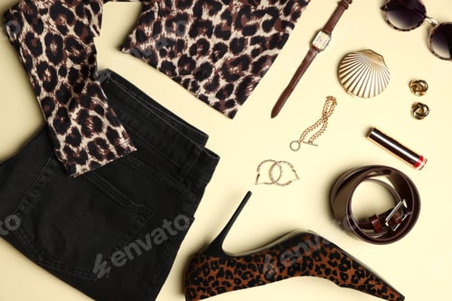 Vista previa: Stylish women's clothes and different accessories on beige background, flat lay