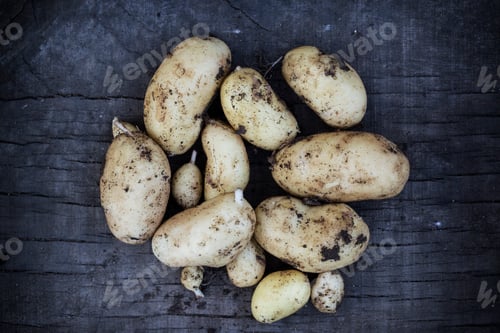 Preview: Close up of freshly harvested potatoes on dark blue background.