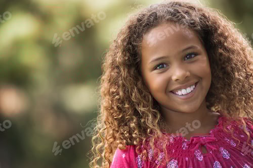 Preview: A young girl in a pink dress with long brown curly hair.