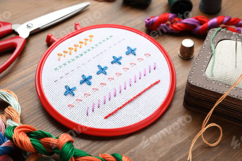 Preview: Set of embroidery equipment on wooden table