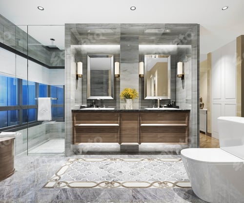 Preview: 3d rendering modern classic bathroom with luxury tile decor with night view from window