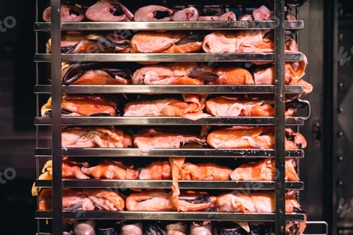 Preview: Racks of salmon smoking in a small smoker.