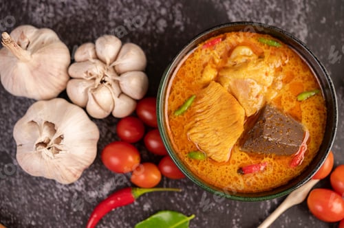 Preview: Chicken curry in a black cup.