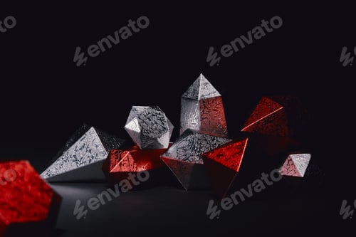 Preview: close-up view of shiny faceted red and silver gemstones on black