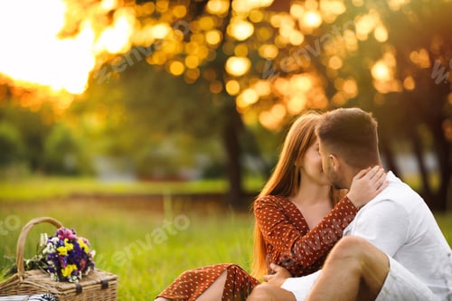 Preview: Happy young couple kissing in park. Picnic season