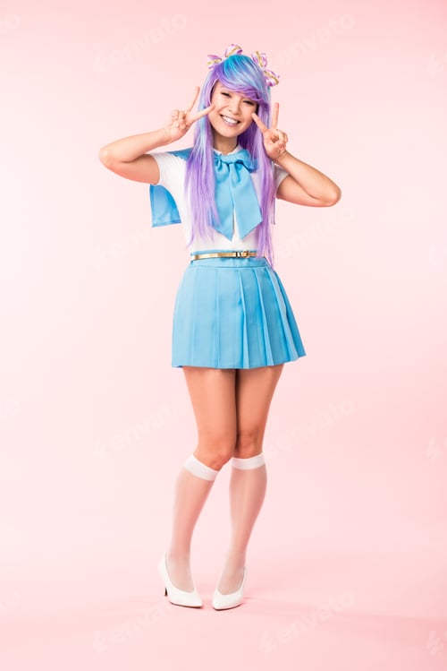 Preview: Full length view of cheerful asian otaku girl showing peace signs on pink