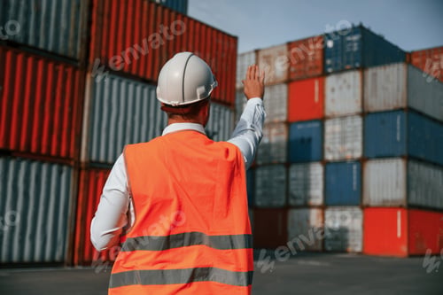Preview: Rear view. Controlling the process. Male worker is on the location with containers