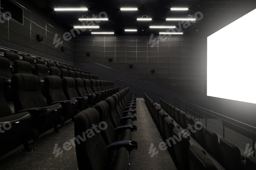Preview: Empty cinema hall with black seats. Movie theatre nobody