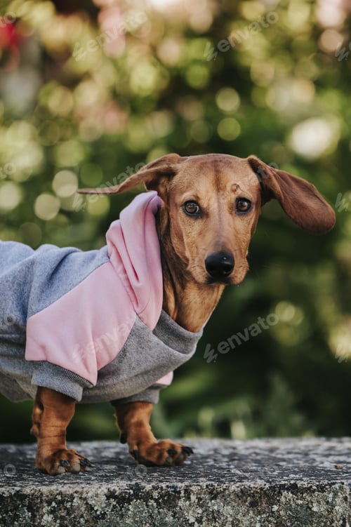 Preview: Vertical shot of a cute brown dwarf dachshund wearing a stylish pullover posing in a park