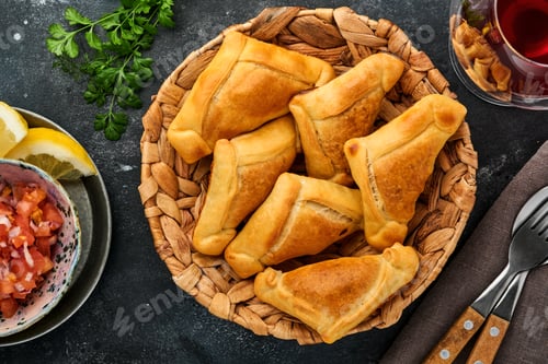 Preview: Fried empanadas with cilantro, meat, egg, tomato and chili sauce on black background. Chilean typica