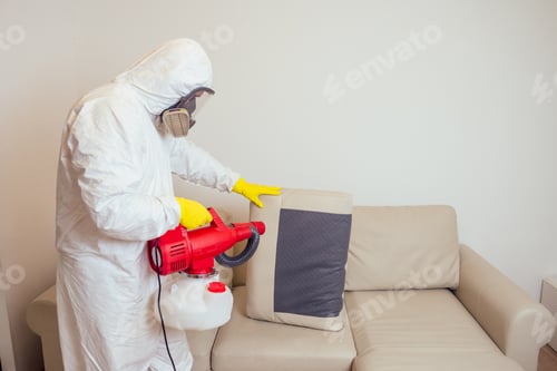 Preview: pest control worker in uniform spraying pesticides under couch in living lounge room
