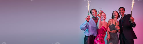 Preview: Merry Christmas and Happy New Year banner, multiethnic friends holding sparklers and champagne