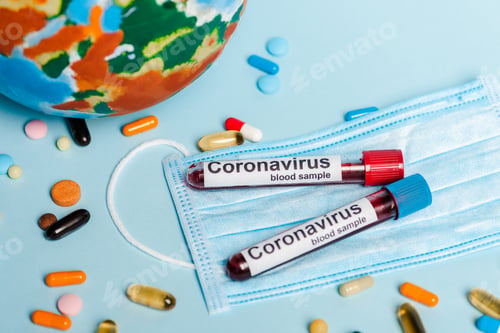 Preview: test tubes with blood samples and coronavirus lettering near medical mask, pills and globe on blue