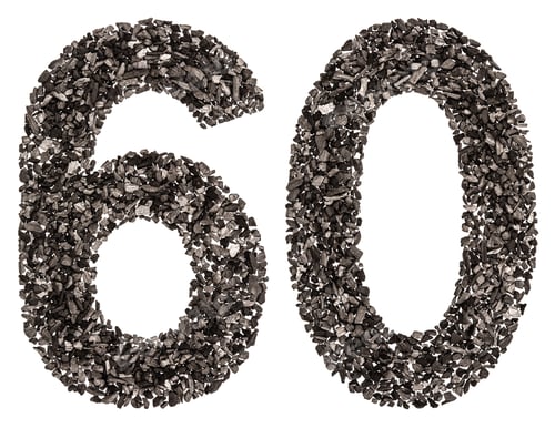 Preview: Arabic numeral 60, sixty, from black a natural charcoal, isolated on white background