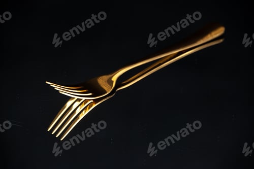 Preview: Above view of shiny golden fork on black background with free space
