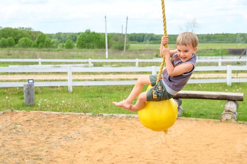 Preview: happy little boy fun swings on a children's swing a ball on a rope on a playground in a village