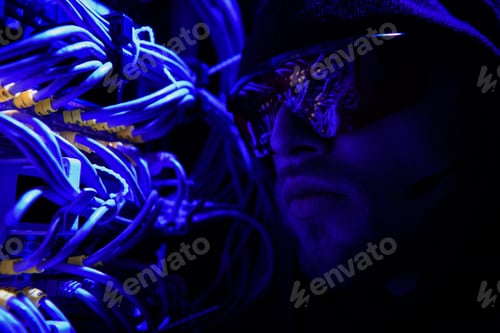 Preview: side view of hacker in eyeglasses looking at various wires