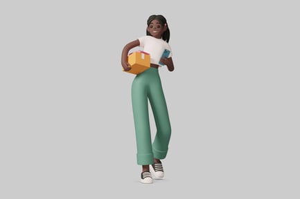 Preview: A young woman holding a package and a cell phone.