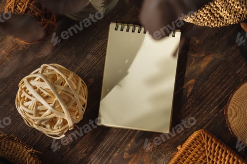 Preview: blank sprial notebook with wicker bag and travel stuff on table with sunlight