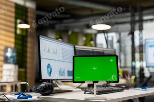 Preview: Empty company office features digital resources and copy space on tablet