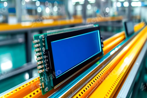 Preview: Many LCD displays on a table with microcircuits,microchips connecting elements in an assembly plant