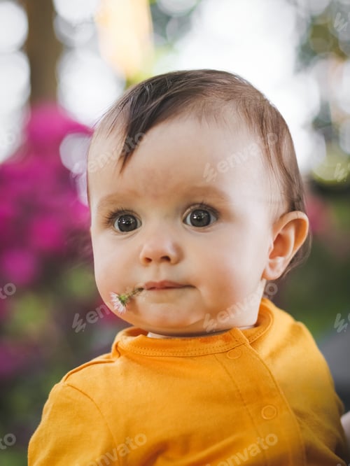 Preview: Portrait of a beautiful little caucasian baby girl with a daisy in her mouth in a yellow bodysuit