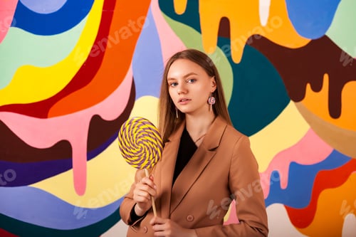 Preview: Portrait of young woman holding round giant lollipop at colored wall, looking