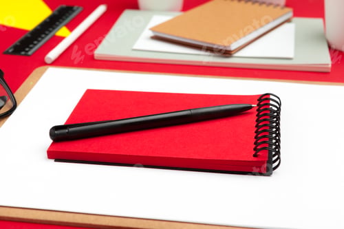 Preview: Assortment of office supplies and technology accessories , modern working table, top view