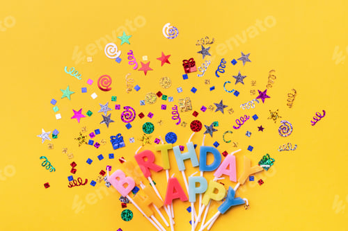 Preview: party background with text Happy Birthday by colorful candles with confetti on orange backround.