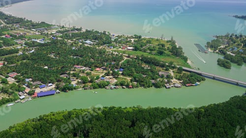 Preview: Aerial drone view of a river with a bridge and seascape in Sedili Kecil, Johor, Malaysia