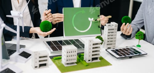 Preview: Business team people planning hand using laptop for working technology and business Net zero