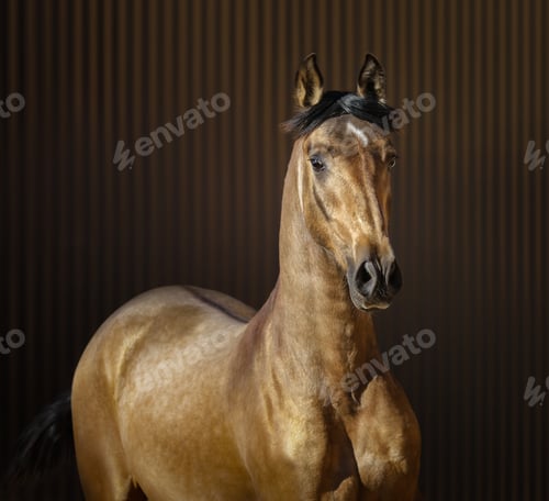 Preview: Golden dun young Spanish horse on striped background.