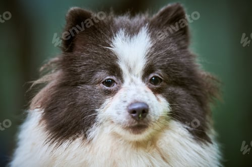 Preview: Pomeranian Spitz dog in garden, close up face portrait