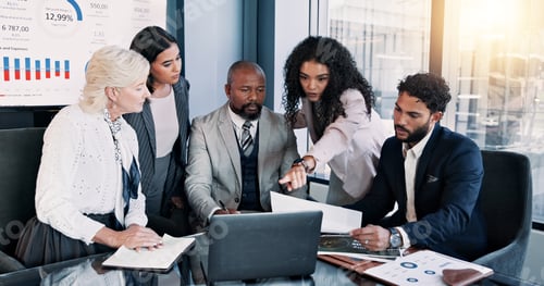Preview: Business people, laptop and meeting with graphs for company performance, report or review at office