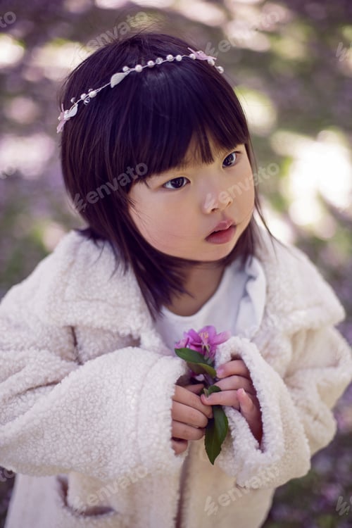Preview: Korean girl in a white light fur coat and a headband stands in a garden with cherry blossoms