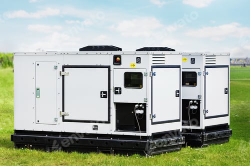 Preview: Set two large portable industrial power fuel generator green lawn at commercial event outdoors clear