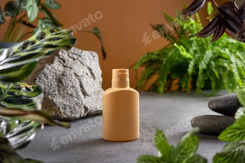 Preview: Сosmetic product branding with tropical leaves on tan color background.