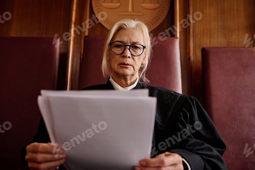Preview: Serious blond female impartial judge reading juridical document
