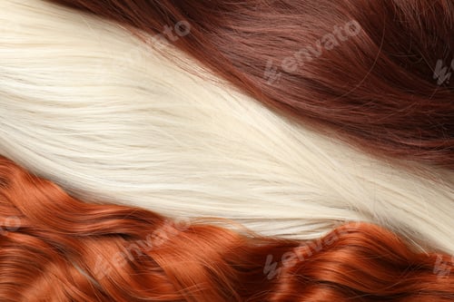 Vista previa: Strands of different beautiful hair as background, top view