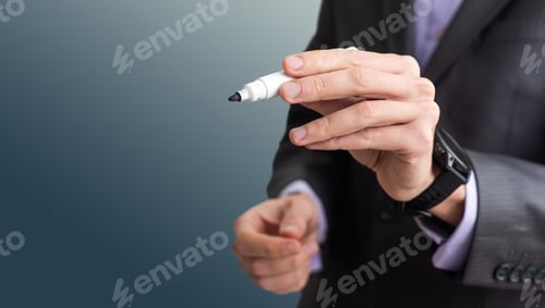 Preview: Man writes something on screen. Businessman raised his hand to screen. Concept - businessman writes