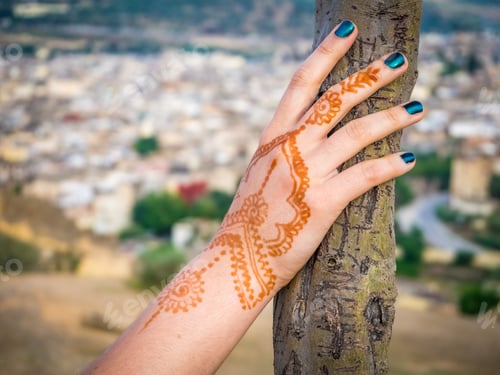Preview: Female's hand with a henna tattoo holding a tree with the beautiful cityscape in the background