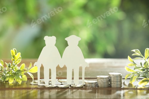 Preview: Pension savings. Figure of senior couple, coins and green twigs on wooden table outdoors