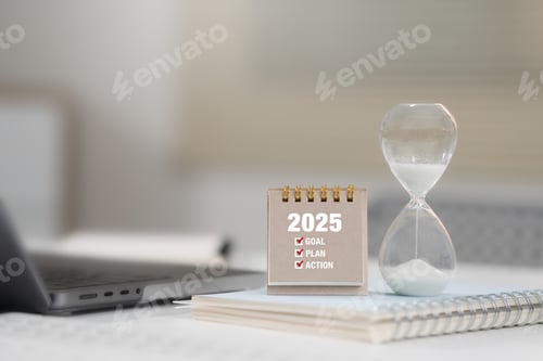 Preview: 2025 new year goal plan action on desk.Business financial plan, investment, strategies.