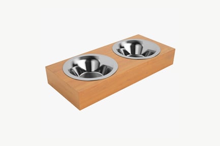 Preview: Elevated Pet Feeder: Twin Stainless Steel Bowls on Wood Base