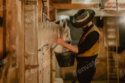 Preview: Side view of horse breeder feeding a horse in a stable.
