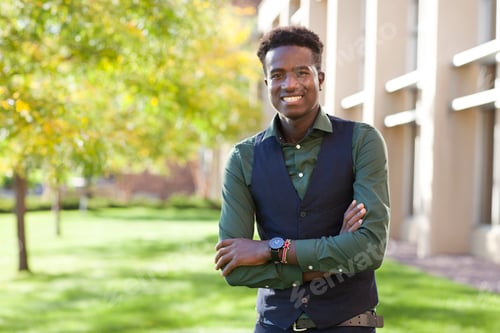 Preview: Handsome young black man smiles on college campus