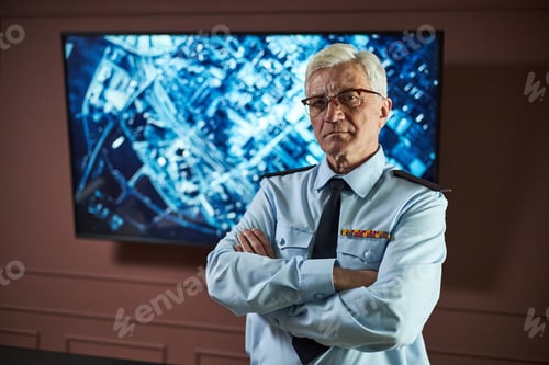 Preview: Senior Caucasian Man in Uniform Standing Confidently in Front of Digital Map