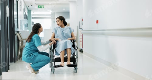 Preview: Doctor, wheelchair patient and talking people consulting over healthcare service, wellness surgery