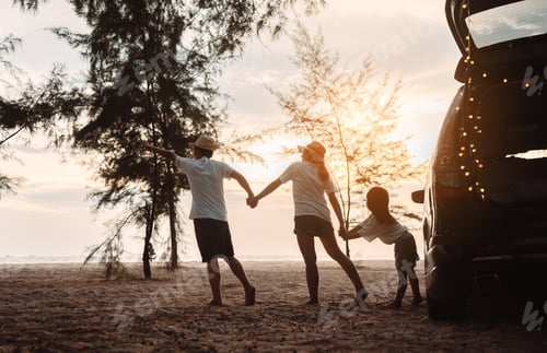 Preview: Happy Family with car travel and camping road trip.